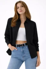 Uzun Kollu Gömlek Düğmeli Klasik Yaka Günlük Ve Ofis Şıklığına Uygun - Siyah