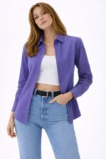 Uzun Kollu Gömlek Düğmeli Klasik Yaka Günlük Ve Ofis Şıklığına Uygun - Mor