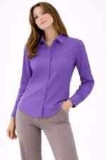 Uzun Kollu Gömlek Düğmeli Klasik Yaka Günlük Ve Ofis Şıklığına Uygun - Mor - Görsel 3