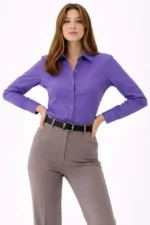 Uzun Kollu Gömlek Düğmeli Klasik Yaka Günlük Ve Ofis Şıklığına Uygun - Mor - Görsel 4