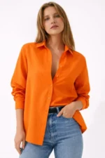 Uzun Kollu Gömlek Düğmeli Klasik Yaka Günlük Ve Ofis Şıklığına Uygun - Turuncu