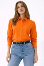 Uzun Kollu Gömlek Düğmeli Klasik Yaka Günlük Ve Ofis Şıklığına Uygun - Turuncu - Görsel 2