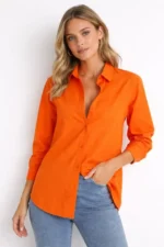 Uzun Kollu Gömlek Düğmeli Klasik Yaka Günlük Ve Ofis Şıklığına Uygun - Turuncu - Görsel 3