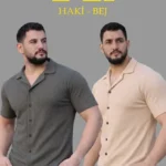Erkek Waffle Dokuma Açık Yakalı Düğmeli Regular Kalıp 2’li Gömlek Seti - Haki - Bej