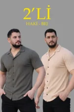 Erkek Waffle Dokuma Açık Yakalı Düğmeli Regular Kalıp 2’li Gömlek Seti - Haki - Bej