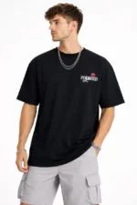 Erkek Bisiklet Yaka Baskılı  Kısa Kollu Tişört Streetwear Günlük Basic Pamuklu T-shirt - Siyah - Görsel 3