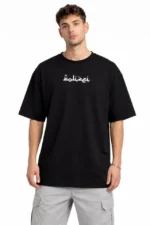 Erkek Bisiklet Yaka Baskılı Kısa Kollu Tişört Streetwear Günlük Basic Pamuklu T-shirt - Siyah