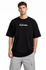 Erkek Bisiklet Yaka Baskılı Kısa Kollu Tişört Streetwear Günlük Basic Pamuklu T-shirt - Siyah - Görsel 3