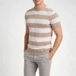Erkek T-shirt Çizgili Triko Dokuma Bisiklet Yaka Tişört - Bej