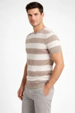 Erkek T-shirt Çizgili Triko Dokuma Bisiklet Yaka Tişört - Bej - Görsel 2