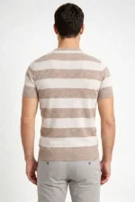 Erkek T-shirt Çizgili Triko Dokuma Bisiklet Yaka Tişört - Bej - Görsel 3