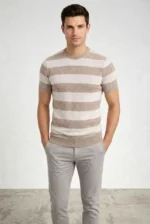 Erkek T-shirt Çizgili Triko Dokuma Bisiklet Yaka Tişört - Bej - Görsel 4