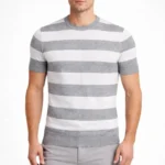 Erkek T-shirt Çizgili Triko Dokuma Bisiklet Yaka Tişört - Gri