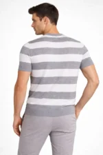 Erkek T-shirt Çizgili Triko Dokuma Bisiklet Yaka Tişört - Gri - Görsel 2
