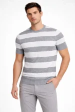 Erkek T-shirt Çizgili Triko Dokuma Bisiklet Yaka Tişört - Gri - Görsel 3