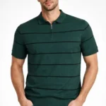 Erkek T-shirt Çizgili Triko Dokuma Kumaş Polo Yaka Yarım Fermuarlı Regular Kalıp Tişört - Çağla Yeşili