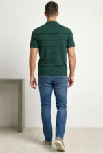 Erkek T-shirt Çizgili Triko Dokuma Kumaş Polo Yaka Yarım Fermuarlı Regular Kalıp Tişört - Çağla Yeşili - Görsel 3