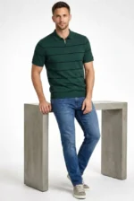 Erkek T-shirt Çizgili Triko Dokuma Kumaş Polo Yaka Yarım Fermuarlı Regular Kalıp Tişört - Çağla Yeşili - Görsel 4