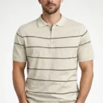 Erkek T-shirt Çizgili Triko Dokuma Kumaş Polo Yaka Yarım Fermuarlı Regular Kalıp Tişört - Bej