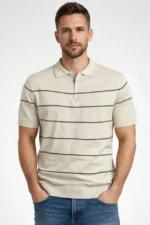 Erkek T-shirt Çizgili Triko Dokuma Kumaş Polo Yaka Yarım Fermuarlı Regular Kalıp Tişört - Bej