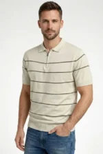 Erkek T-shirt Çizgili Triko Dokuma Kumaş Polo Yaka Yarım Fermuarlı Regular Kalıp Tişört - Bej - Görsel 4