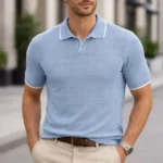 Erkek Triko Kumaş Yakalı Düğmesiz Açık Yaka Fitilli Kısa Kollu Regular Fit Tişört T-shirt - Bebek Mavisi