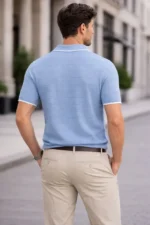 Erkek Triko Kumaş Yakalı Düğmesiz Açık Yaka Fitilli Kısa Kollu Regular Fit Tişört T-shirt - Bebek Mavisi - Görsel 2