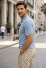 Erkek Triko Kumaş Yakalı Düğmesiz Açık Yaka Fitilli Kısa Kollu Regular Fit Tişört T-shirt - Bebek Mavisi - Görsel 3