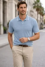 Erkek Triko Kumaş Yakalı Düğmesiz Açık Yaka Fitilli Kısa Kollu Regular Fit Tişört T-shirt - Bebek Mavisi - Görsel 4