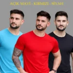 Erkek 3lü Bisiklet Yaka Tişört – Kısa Kollu Yazlık Slim Fit Body - Siyah, Kırmızı, Açık Mavi