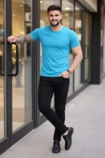 Erkek 3lü Bisiklet Yaka Tişört – Kısa Kollu Yazlık Slim Fit Body - Siyah, Kırmızı, Açık Mavi - Görsel 3