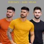Erkek 3lü Bisiklet Yaka Tişört – Kısa Kollu Yazlık Slim Fit Body - Siyah, Turuncu, Sarı
