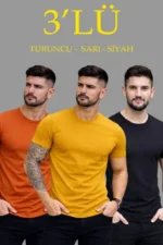Erkek 3lü Bisiklet Yaka Tişört – Kısa Kollu Yazlık Slim Fit Body - Siyah, Turuncu, Sarı