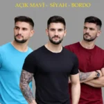 Erkek 3lü Bisiklet Yaka Tişört – Kısa Kollu Yazlık Slim Fit Body - Siyah, Açık Mavi, Bordo