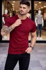 Erkek 3lü Bisiklet Yaka Tişört – Kısa Kollu Yazlık Slim Fit Body - Siyah, Açık Mavi, Bordo - Görsel 3