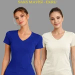 2li V Yaka Tişört – Kısa Kollu Yazlık Slim Fit Body - Saks Mavisi - Ekru