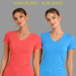 2li V Yaka Tişört – Kısa Kollu Yazlık Slim Fit Body - Nar Çiçeği - Açık Mavi