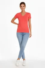 2li V Yaka Tişört – Kısa Kollu Yazlık Slim Fit Body - Nar Çiçeği - Açık Mavi - Görsel 3