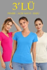 3lü V Yaka Tişört – Kısa Kollu Yazlık Slim Fit Body - Pembe, Açık Mavi, Ekru