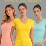 3lü V Yaka Tişört – Kısa Kollu Yazlık Slim Fit Body - Toz Pembe, Sarı, Turkuvaz