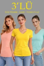 3lü V Yaka Tişört – Kısa Kollu Yazlık Slim Fit Body - Toz Pembe, Sarı, Turkuvaz
