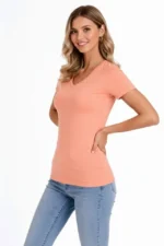 3lü V Yaka Tişört – Kısa Kollu Yazlık Slim Fit Body - Toz Pembe, Sarı, Turkuvaz - Görsel 4