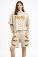 Bej Oversize Baskılı Tişört Şort Takım Cepli Şort Yazlık Rahat Günlük Kombin - Bej - Görsel 3