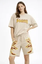 Bej Oversize Baskılı Tişört Şort Takım Cepli Şort Yazlık Rahat Günlük Kombin - Bej - Görsel 4