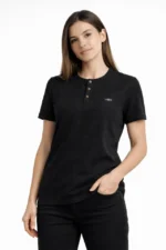 Waffle Dokulu Likralı Henley Yaka Düğmeli Regular Kısa Kollu T-Shirt - Siyah - Görsel 3