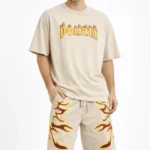 Erkek Bej Oversize Baskılı Tişört Şort Takım Cepli Şort Yazlık Rahat Günlük Kombin - Bej