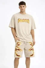Erkek Bej Oversize Baskılı Tişört Şort Takım Cepli Şort Yazlık Rahat Günlük Kombin - Bej