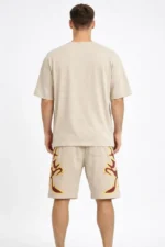 Erkek Bej Oversize Baskılı Tişört Şort Takım Cepli Şort Yazlık Rahat Günlük Kombin - Bej - Görsel 2