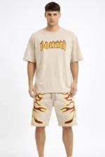 Erkek Bej Oversize Baskılı Tişört Şort Takım Cepli Şort Yazlık Rahat Günlük Kombin - Bej - Görsel 3