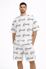 Erkek Oversize Ön Ve Arka Baskılı Tişört Şort Takım Rahat Kalıp Yazlık Günlük Kombin - Beyaz - Görsel 4